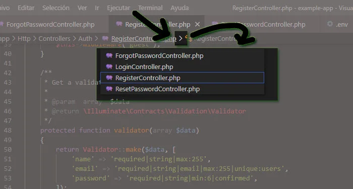 Navegar por la carpeta de un archivo abierto, VSCode